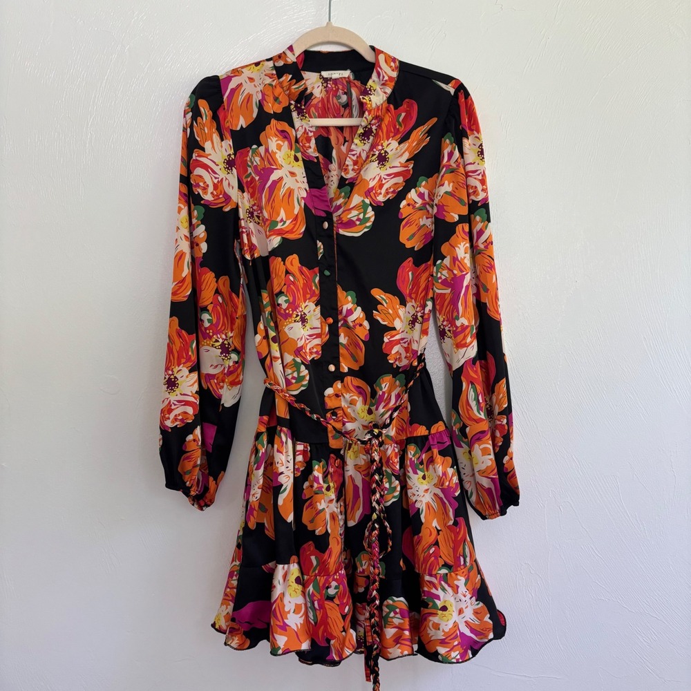 Jodifl Women's Small Black Floral Long Sleeve Ruffle Tiered Mini Dress Belted S